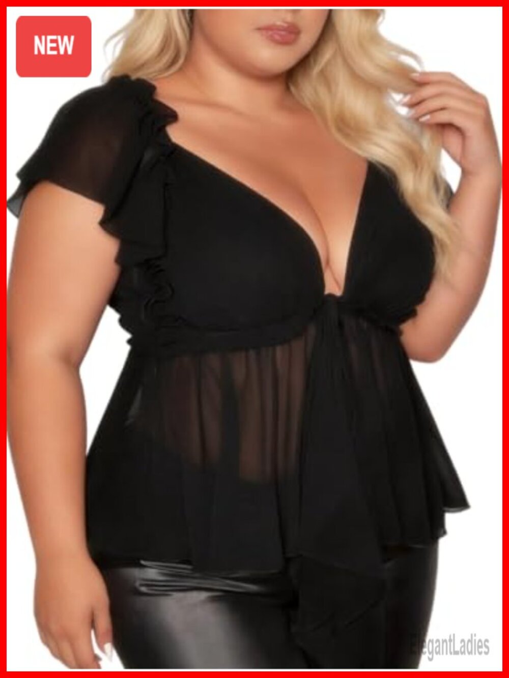 Women's Plus Size Mesh Sheer Peplum Blouse Deep V Neck Ruffle Sleeve Going Out